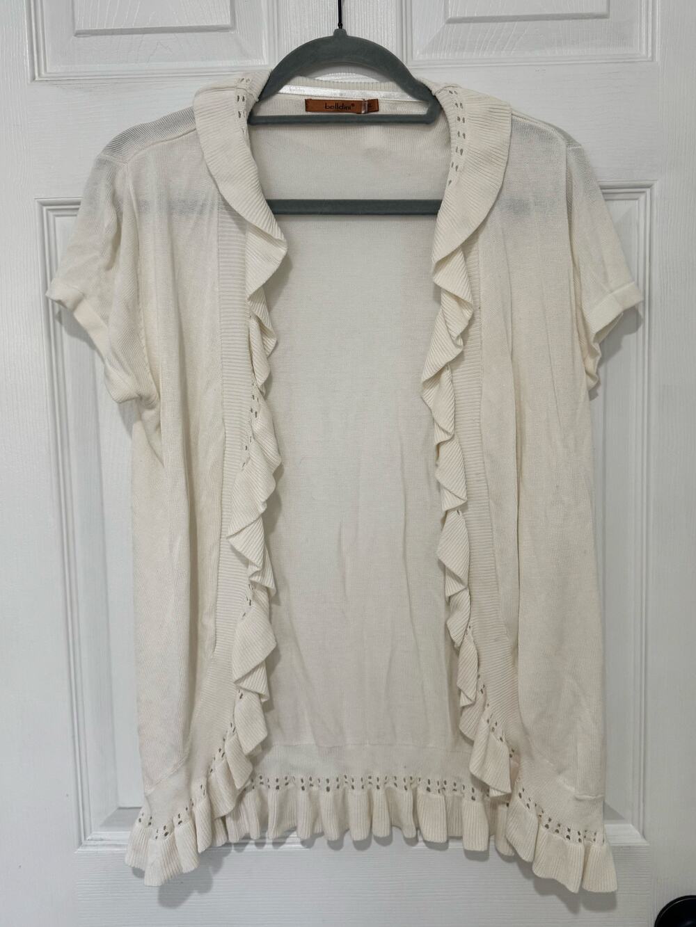 Women's Belldini White Ruffle Open Front Cardigan XL Beautiful! Boho